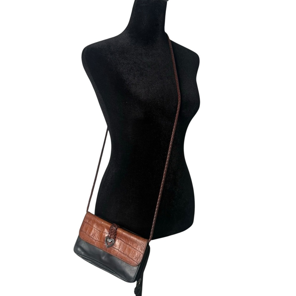 Vintage 90s Croc Embossed Leather Crossbody Bag Brown Black Boho Heart Organizer
